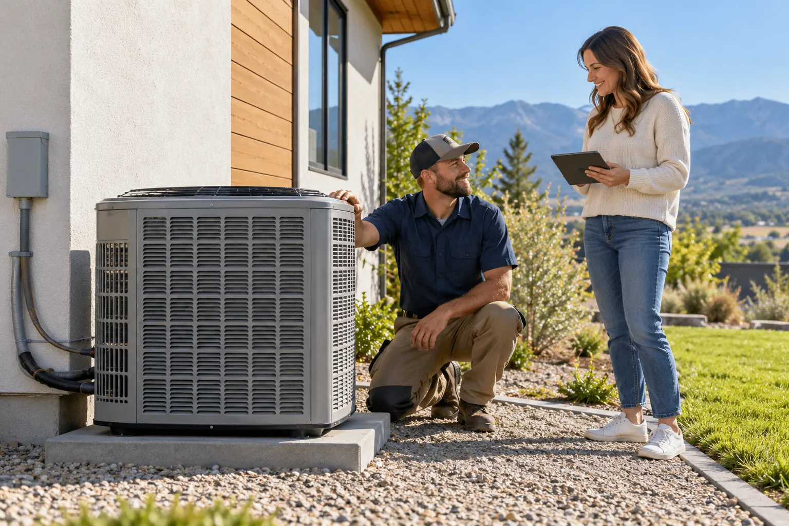 A friendly HVAC provider checking a new outdoor air conditioner beside a home near Eagle Mountain