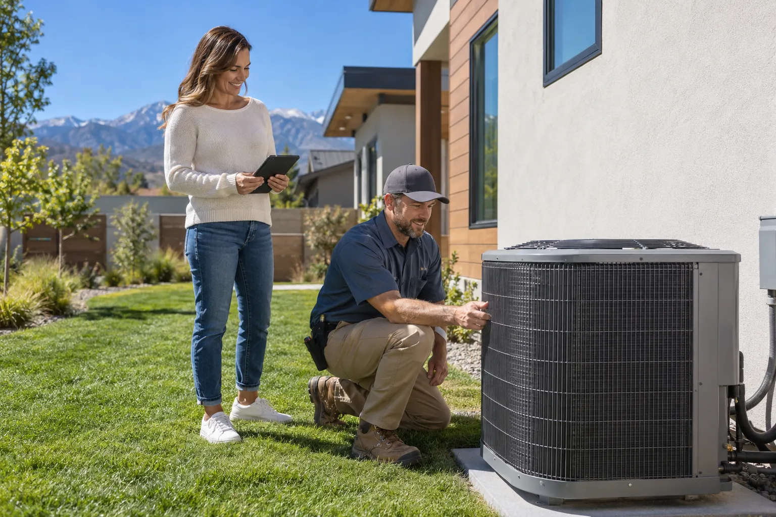 A friendly local provider checking an outdoor AC unit beside a Eagle Mountain home on a sunny day
