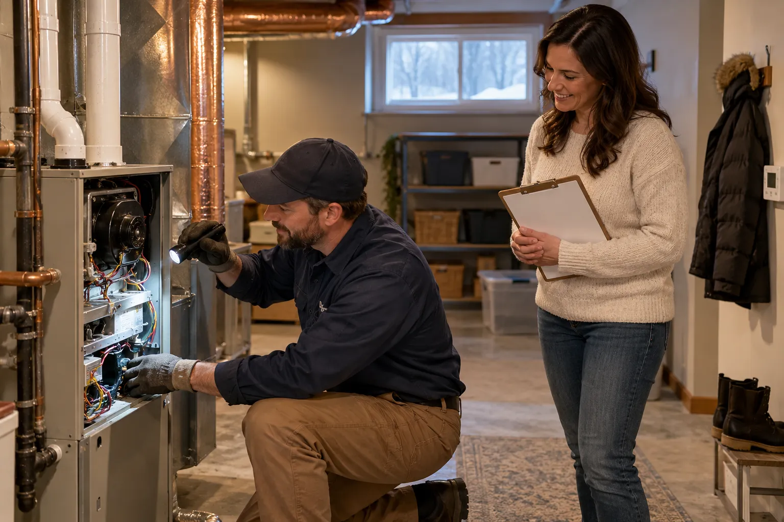 Friendly provider checking a furnace in a basement for a Eagle Mountain homeowner