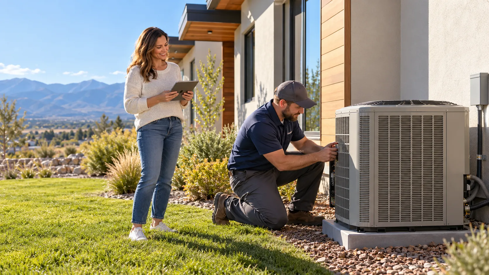 Homeowner checking a thermostat while a provider looks over an outdoor AC unit in Eagle Mountain